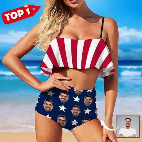 Custom Face American Flag Ruffle Bathing Suits Women's Bathing Suit –  mybestboxer